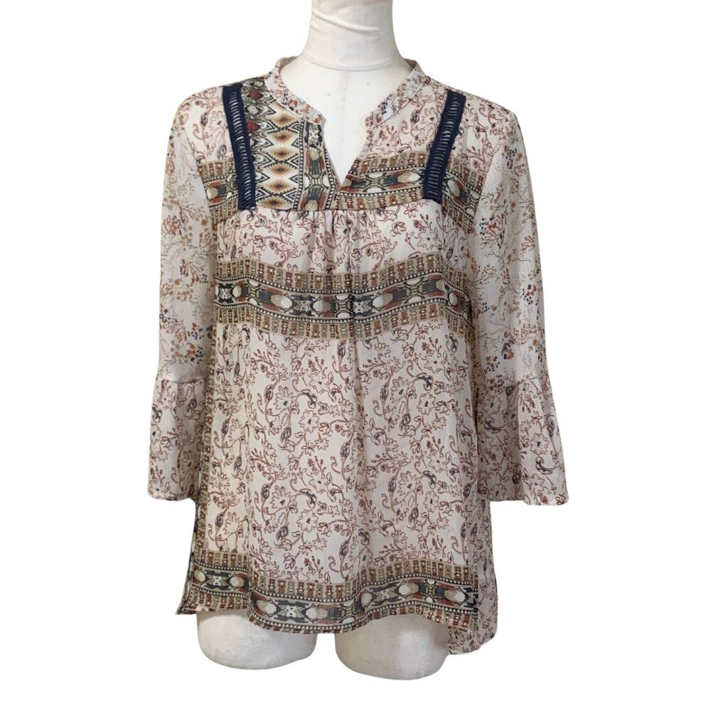 Style & Co Women's Petite Medium Boho Paisley Floral Sheer Peasant Blouse